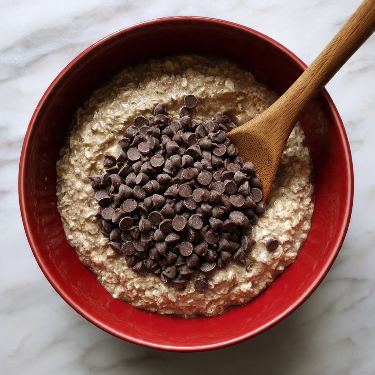 A red mixing bowl filled with a thick oat mixture that has a light brown, rough texture, topped with a large mound of small, round dark brown chocolate chips that cover almost half of the oats; a wooden spoon is partially placed inside the bowl, stirring the mixture on the right side. The background surface is a white marbled texture. photo taken with an iphone --ar 4:5 --v 7