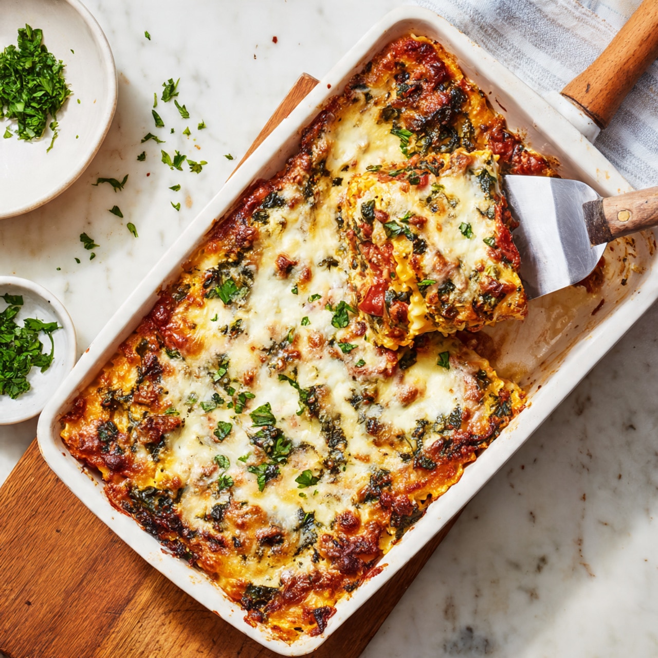 A rectangular white baking dish filled with baked pasta that has three visible layers: the bottom layer shows pasta mixed with chunks of tomatoes and green leafy vegetables, the middle layer is a creamy orange sauce, and the top layer is melted white cheese browned slightly in spots; the dish is sprinkled with fresh green herbs on top. A metal spatula with a wooden handle lifts a portion of the cheesy pasta from the top left corner, revealing the layers inside. The dish sits on a wooden table with scattered green herbs around and a small white bowl of parsley nearby against a white marbled texture background. photo taken with an iphone --ar 4:5 --v 7