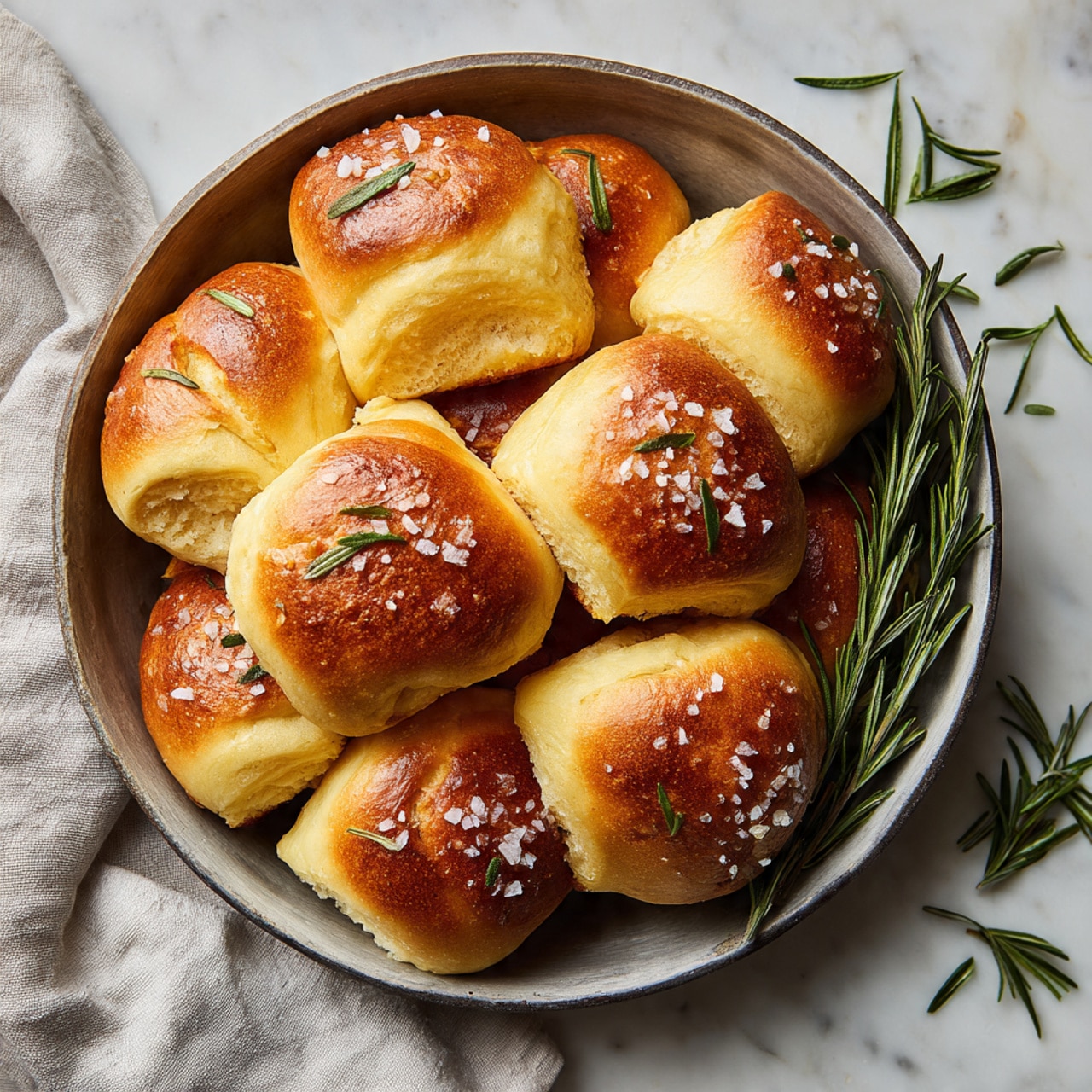 A close-up view of several golden-brown muffins with a puffy top layer that is light and slightly cracked, showing a soft and airy texture. The muffins have a darker golden crust at the bottom and sides, creating a rich contrast. Each muffin is sprinkled with coarse sea salt and chopped rosemary leaves, adding texture and a hint of green on top. The muffins sit closely together, filling the frame with warm tones and a crispy surface that looks fresh and inviting. photo taken with an iphone --ar 4:5 --v 7