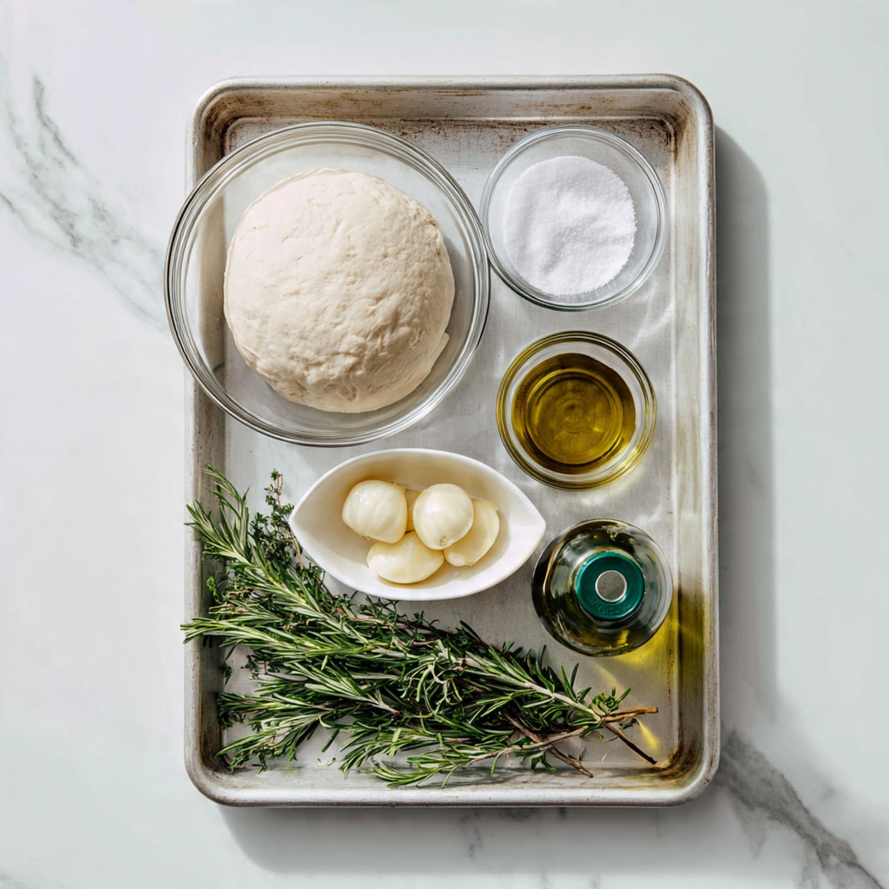 A metal baking tray with a white marbled texture holds five items arranged neatly: a large clear glass bowl with soft, pale beige pizza dough inside on the upper left; a small clear bowl with white salt crystals on the upper right; a small clear bowl in the center with several smooth, light yellow garlic cloves; a white oval dish below the bowls containing fresh green rosemary sprigs with needle-like leaves; and a green-capped bottle of olive oil labeled