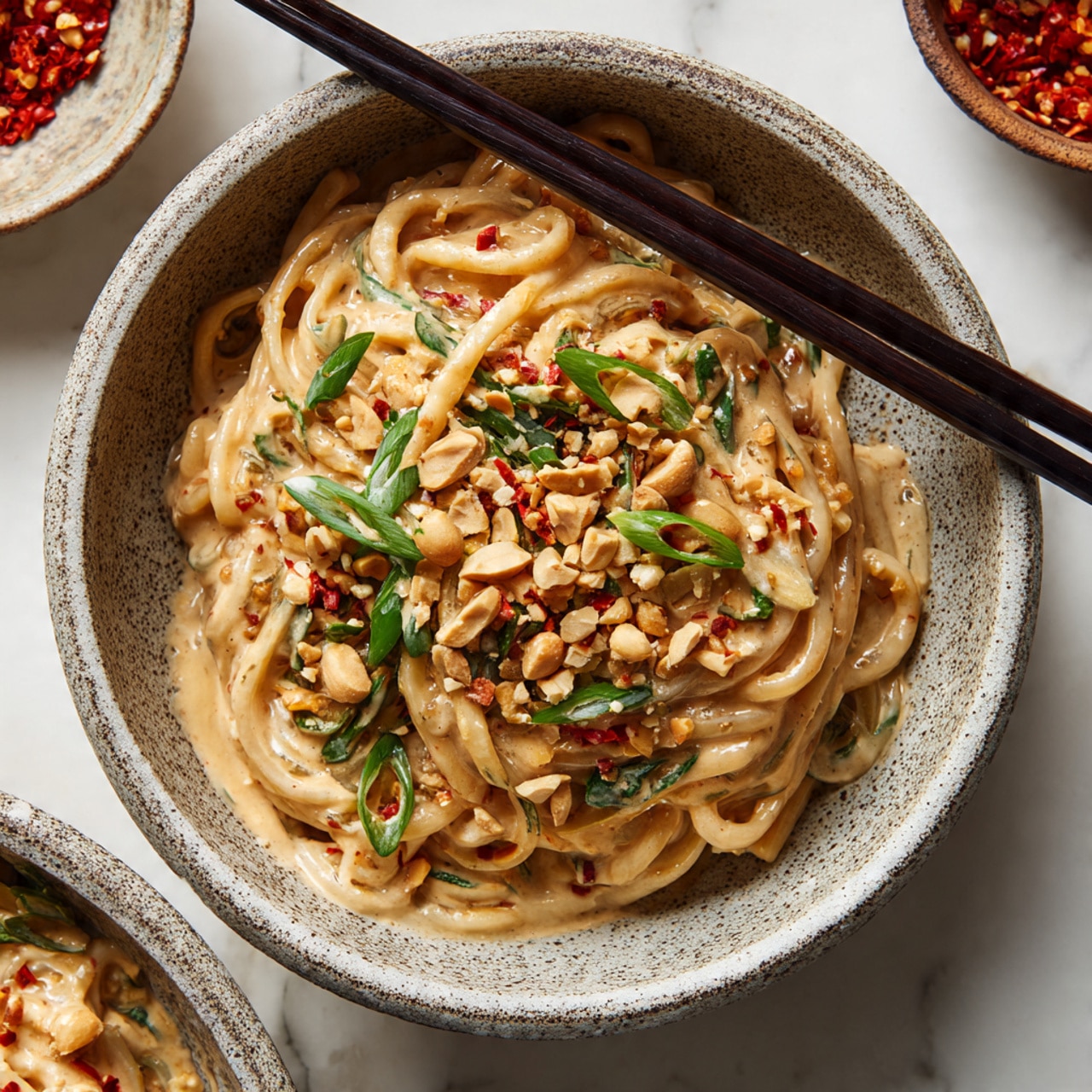A close-up of creamy noodles in a speckled gray bowl, with thick sauce covering the noodles in light brown color. The top has chopped green spring onions and scattered crushed peanuts with red chili flakes adding texture and a little red color. Black chopsticks rest on the side of the bowl. The bowl is placed on a white marbled surface, with blurred bowls of ingredients in the background. Photo taken with an iphone --ar 4:5 --v 7