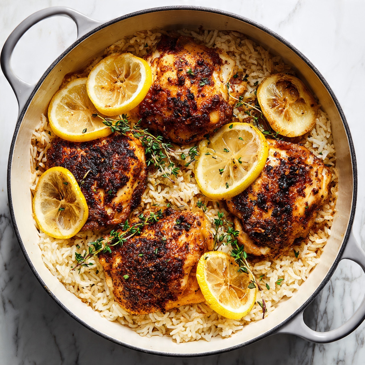 A white round plate holds two layers: the bottom layer is a bed of light golden brown rice with a soft, fluffy texture, and on top sits a thick piece of grilled chicken with a dark brown, slightly crispy surface seasoned with black pepper and herbs. Two thin yellow lemon slices rest partially under the chicken, and a small sprig of green thyme is placed on top of the lemons. A silver fork rests on the right side of the plate, nestled in the rice. The plate is set on a white marbled surface with a few small green herb sprigs scattered nearby. Photo taken with an iphone --ar 4:5 --v 7