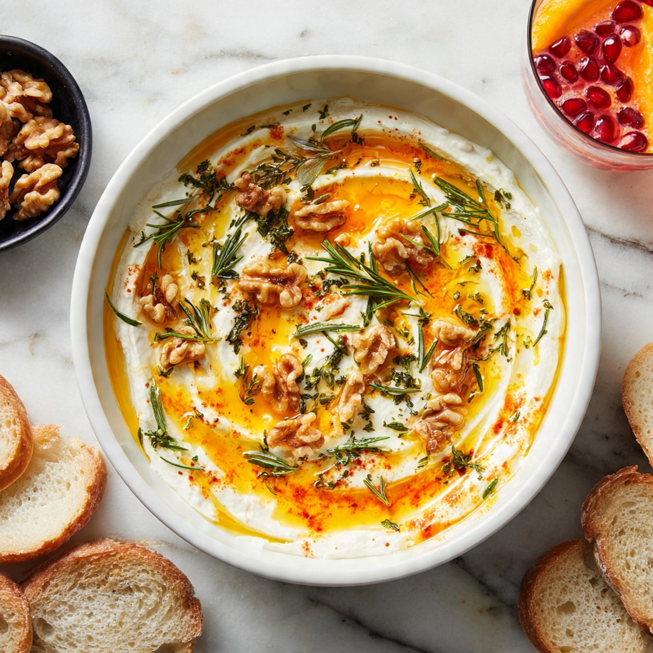The dish shows a single round white bowl filled with a creamy white layer of soft cheese spread evenly. On top, there are swirls of bright orange oil drizzled over the cheese, creating shiny patches with a smooth texture. Scattered over the top are small chunks of light brown walnuts and green, thin rosemary leaves, adding texture and color contrast. The bowl sits on a white marbled surface. Around it, there are slices of white bread, a small black bowl of more walnuts, and a drink with orange slices and pomegranate seeds visible. Photo taken with an iphone --ar 4:5 --v 7