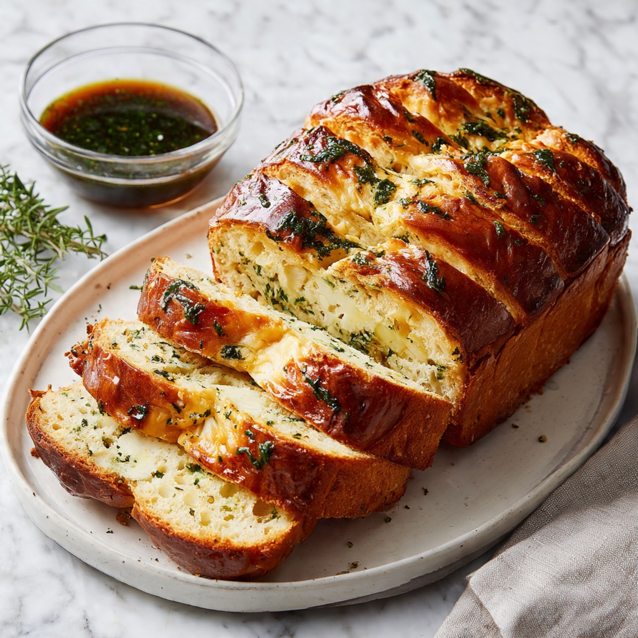 The image shows a thick slice of savory bread with a golden brown crust and a soft, light yellow inside. Inside the bread, there are swirls of green herb mixture spread in two layers, giving a marbled look. The bread's top has a slightly crispy texture with browned cheese and herbs. The slice is placed on a white marbled surface with a small spoon of green herb sauce and some fresh rosemary nearby. Another slice of bread leans against the main slice on the left side. A woman's hand is not visible in this image. photo taken with an iphone --ar 4:5 --v 7