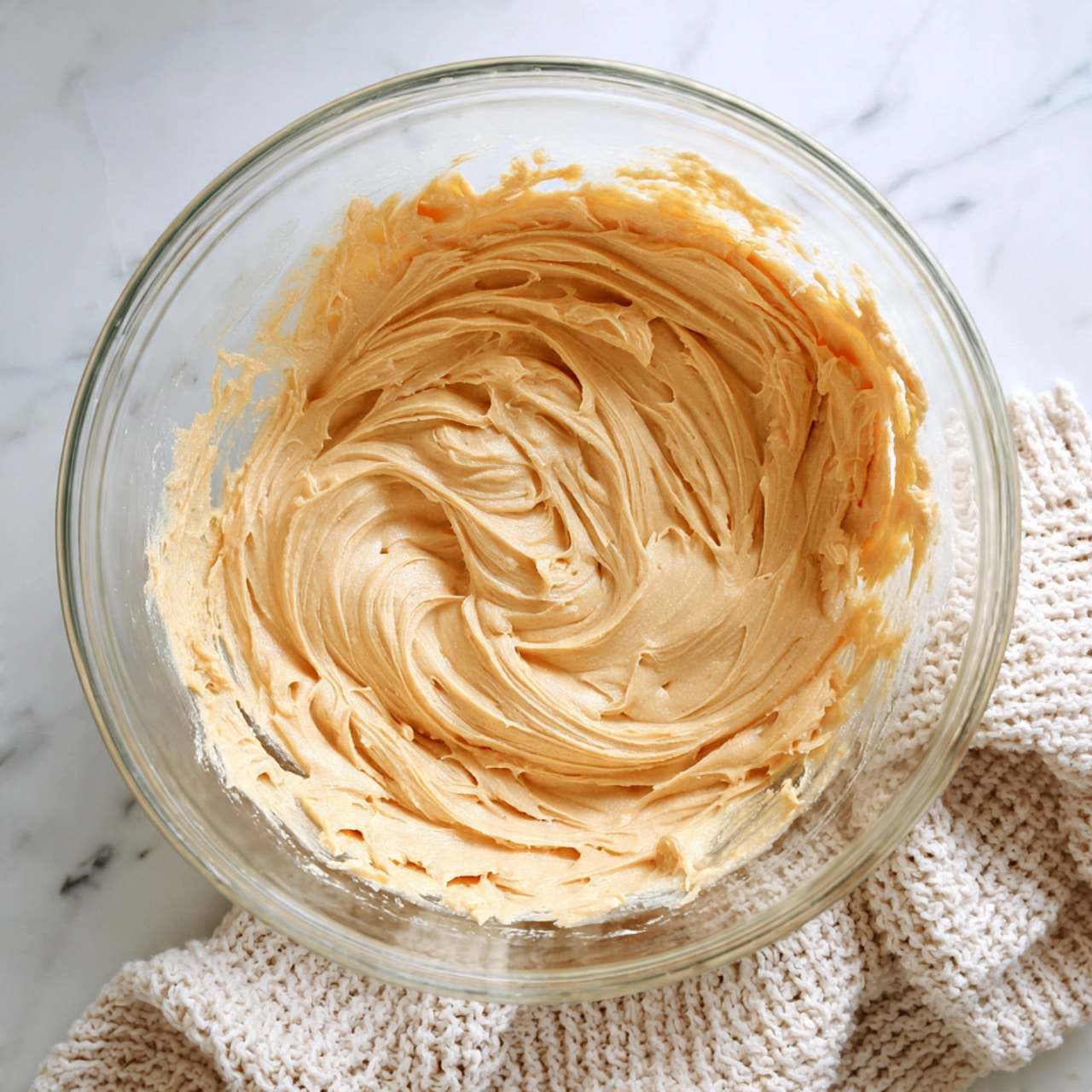 A clear glass bowl filled with smooth, light brown batter that has a thick, creamy texture, swirled gently on the surface. The bowl is placed on a white marbled surface, with a beige knit cloth partially visible in the lower right corner. The batter looks evenly mixed with soft peaks and slight ripples in its center photo taken with an iphone --ar 4:5 --v 7