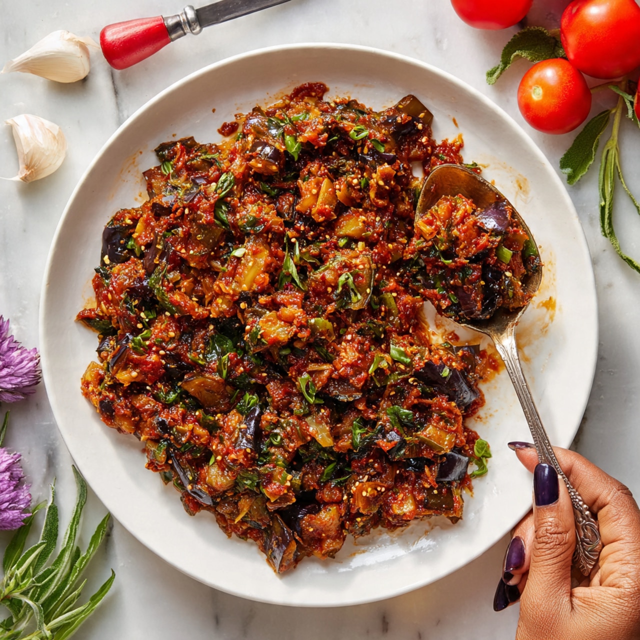 A white plate with three main layers: on the left, a thick reddish-brown cooked vegetable mix with bits of green herbs, next to it on the right are five shiny green olives, and behind both is a creamy white sauce with small green herb pieces spread on the plate. Two pieces of grilled flatbread with light brown char marks rest on the sauce. A woman's hand with dark nail polish is holding a silver spoon scooping some of the vegetable mix from the plate. The plate sits on a white marbled surface with tomatoes, garlic cloves, and fresh green herbs around it. Photo taken with an iphone --ar 4:5 --v 7