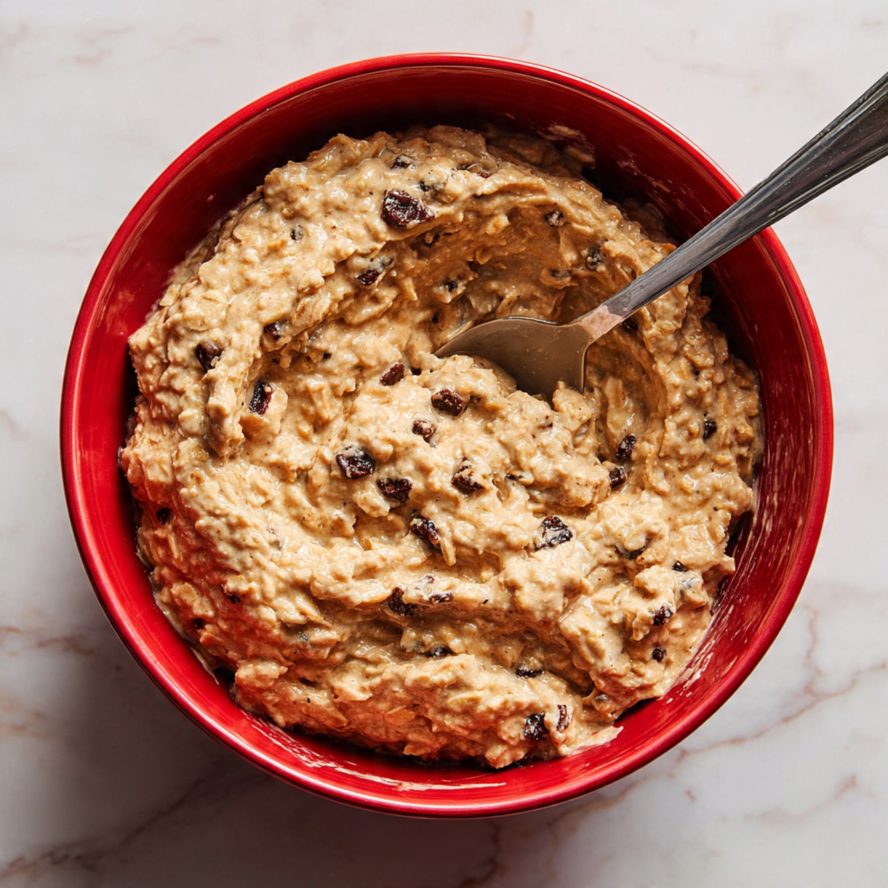 A close-up view of a red mixing bowl filled with a thick oatmeal mixture that looks creamy and dense, with visible whole oats and small dark bits of chocolate or raisins mixed evenly throughout. A metal spoon rests inside the bowl, partially covered by the mixture. The texture is chunky but moist, with the mixture sticking slightly to the sides of the bowl. The background features a white marbled surface. photo taken with an iphone --ar 4:5 --v 7