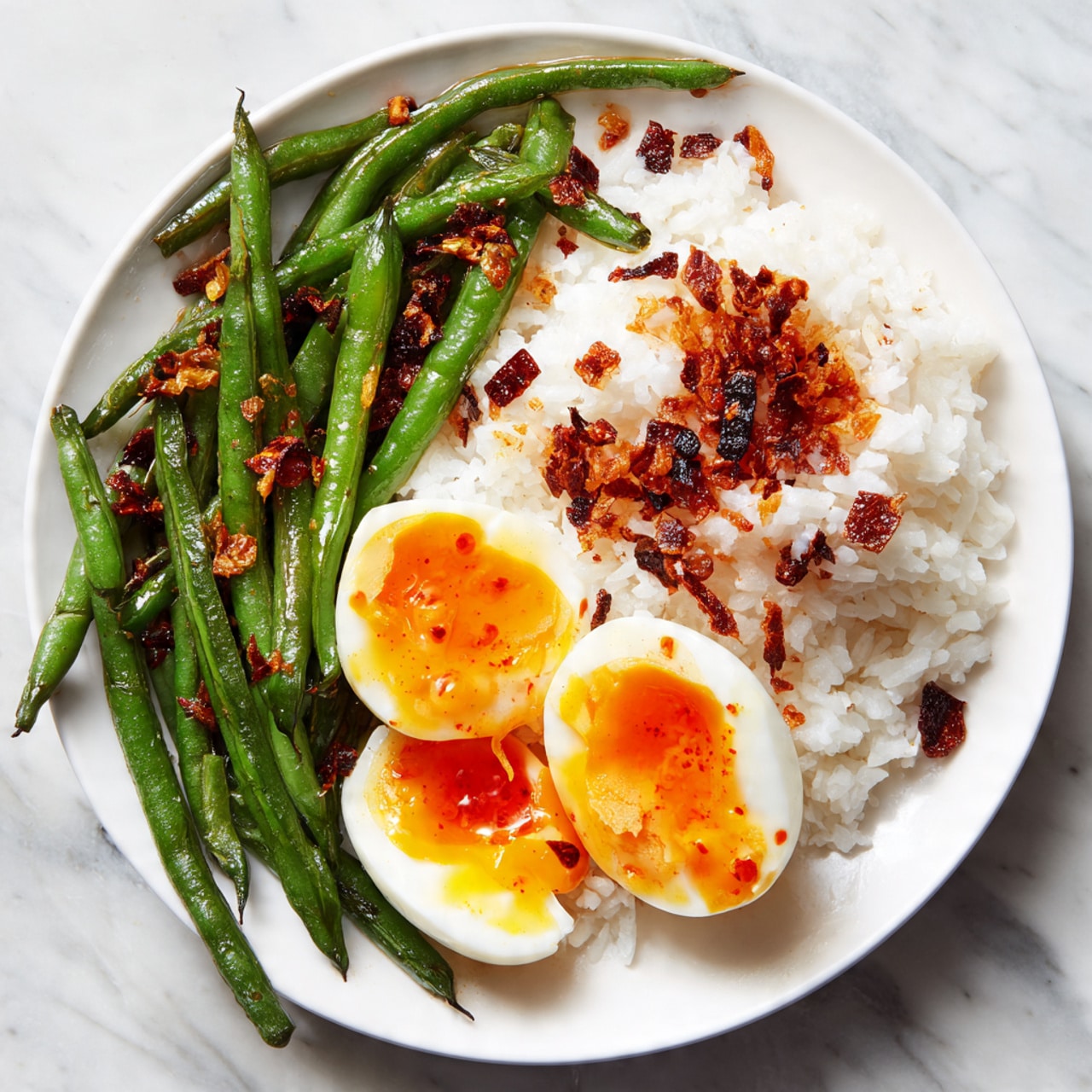 Blistered Green Bean Rice Bowl with Spicy Chili Crisp and Soft-Boiled Egg Recipe