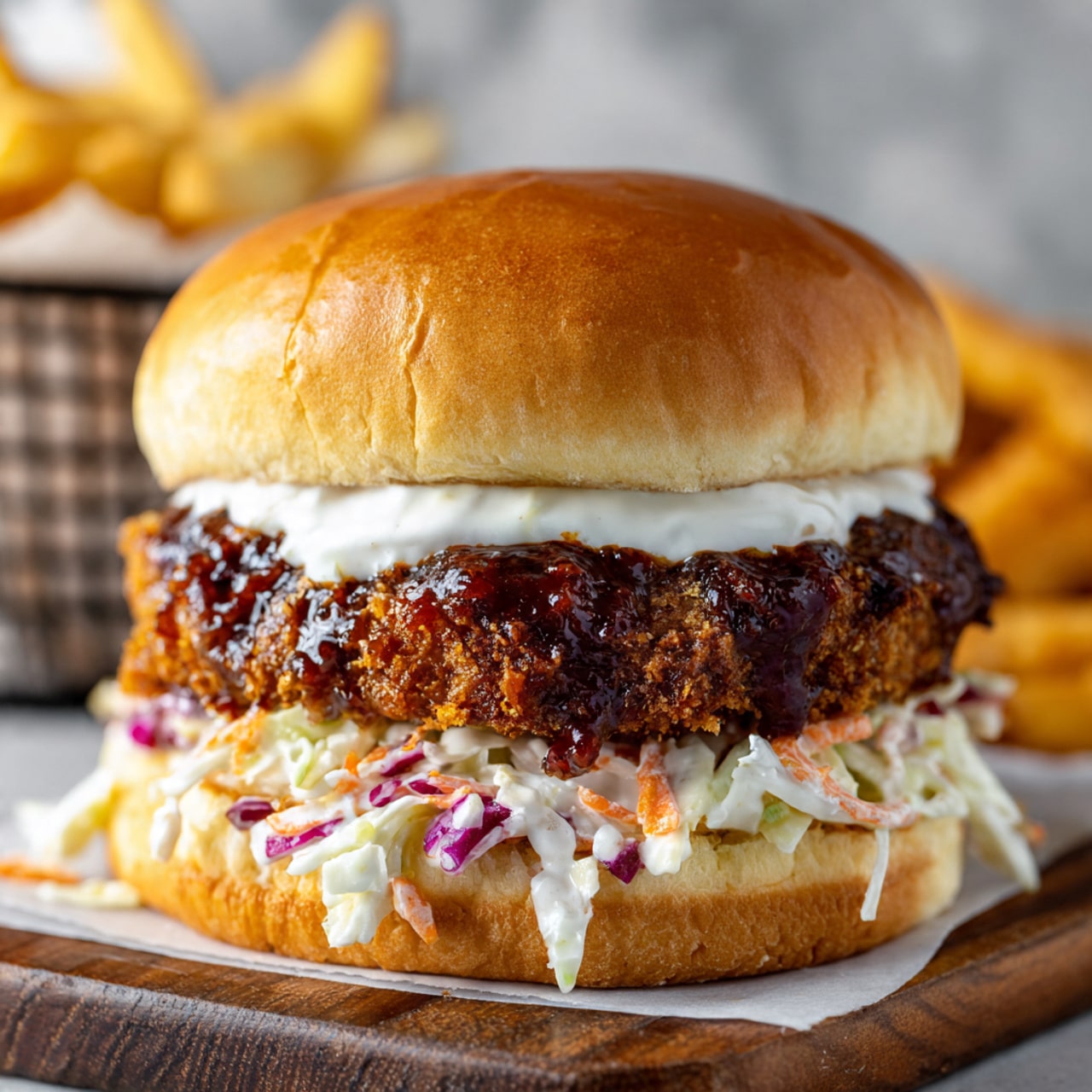 A close-up view of a sandwich with three main layers on a wooden board covered with white parchment paper. The bottom layer consists of a white bread bun topped with a colorful mix of shredded vegetables including white, purple, and orange pieces that look like coleslaw. Above that, there is a thick, crunchy, golden brown fried patty covered with a dark brown sauce. On top, there is a creamy white sauce generously spread under a soft, shiny golden brown bun that forms the sandwich top. The background has a white marbled texture, and in the blurred distance, there is a portion of white fries in a metal basket. photo taken with an iphone --ar 4:5 --v 7