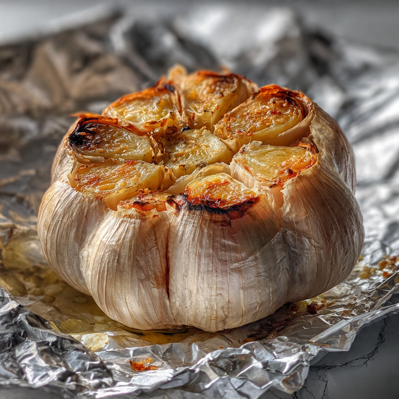 A close-up of a roasted whole garlic head with its top peeled off to show the soft, golden-brown cloves inside, surrounded by some charred areas on the outer skin, resting on crumpled shiny aluminum foil that reflects light, with a white marbled texture in the background photo taken with an iphone --ar 4:5 --v 7