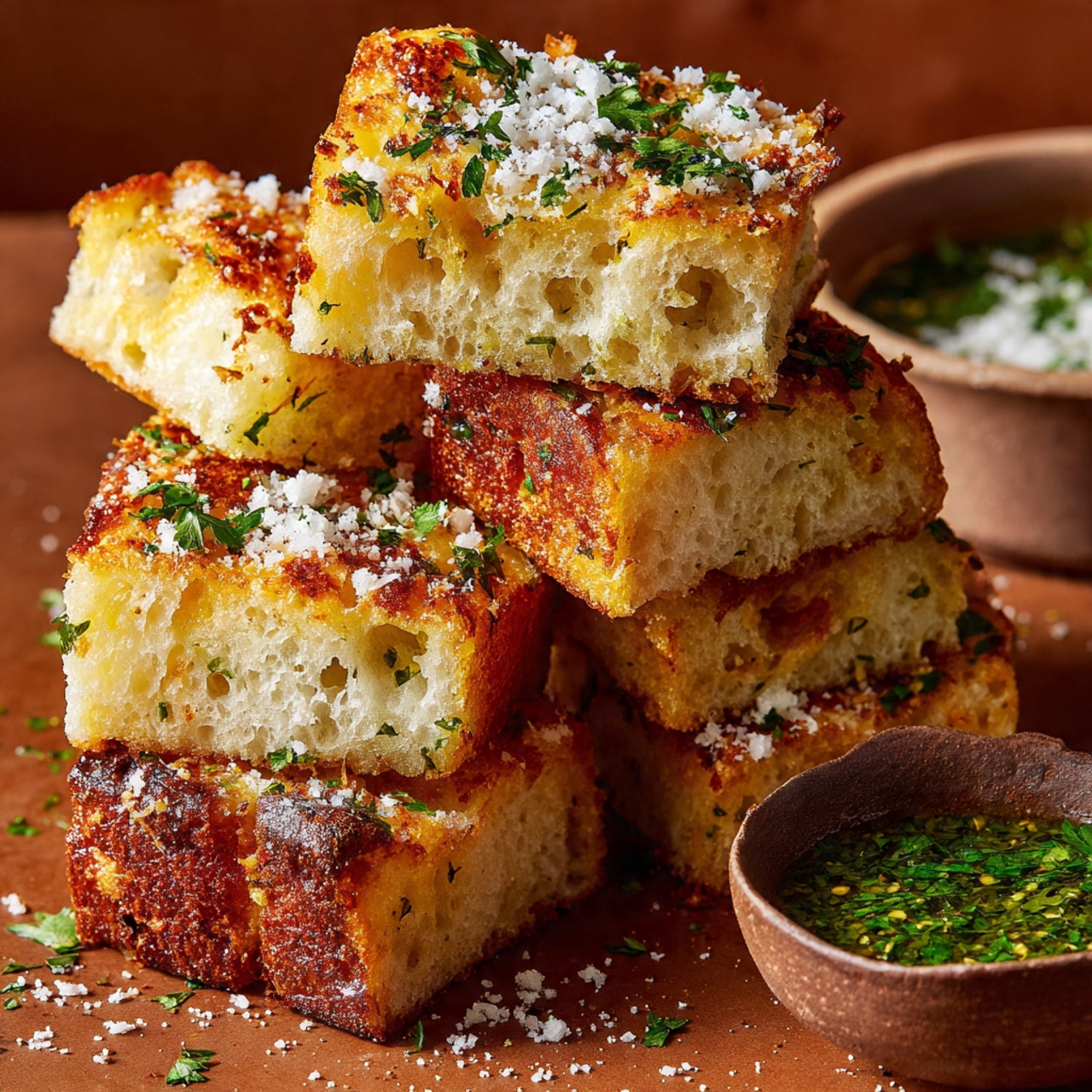 There are eight pieces of golden brown garlic bread placed on a sheet of parchment paper over a white marbled surface. Each piece is thick with a soft, fluffy inside and a crispy outside. The top is speckled with white grated cheese and small green herb bits. The bread has a toasted look with some darker spots and a slightly oily texture, showing a mix of crunchy and chewy layers. The pieces are rectangular and neatly arranged in two rows. Photo taken with an iphone --ar 4:5 --v 7