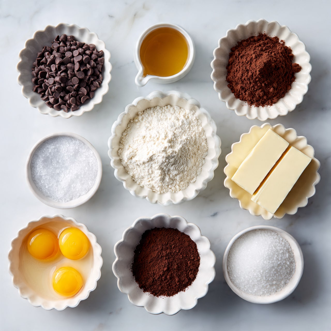 The image shows nine white bowls and a stick of butter arranged on a white marbled surface, each holding different baking ingredients. From left to right at the top, there is a white bowl filled with dark chocolate chips, a small white cup with amber vanilla liquid, and another white bowl with dark brown cocoa powder. Below, a small white bowl holds white salt crystals, a scalloped white bowl is filled with white flour, and next to it are two sticks of pale yellow butter placed side by side. On the bottom row, a small white bowl contains three raw eggs with yellow yolks in clear whites, a slightly bigger white bowl has dark brown espresso powder, and a medium white bowl is heaped with white sugar granules. Each ingredient is clearly separated and labeled in black text above or beside the container. Photo taken with an iphone --ar 4:5 --v 7