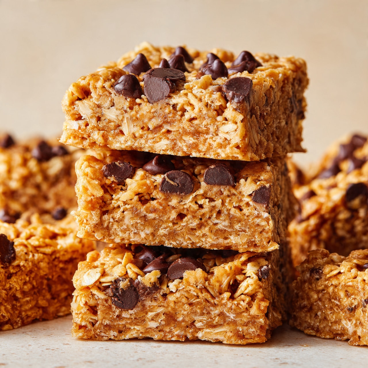 The image shows six square oat bars arranged closely on a flat surface with a white marbled texture. Each bar has a rough, textured top layer packed with golden-brown oats and several small, dark chocolate chips scattered unevenly across the surface. The bars have a moist, chewy appearance with visible bits of oats and chocolate chips inside. The edges of the bars are slightly rough, showing a soft yet firm texture inside. There are small oat crumbs around the bars on the white marbled surface. Photo taken with an iphone --ar 4:5 --v 7