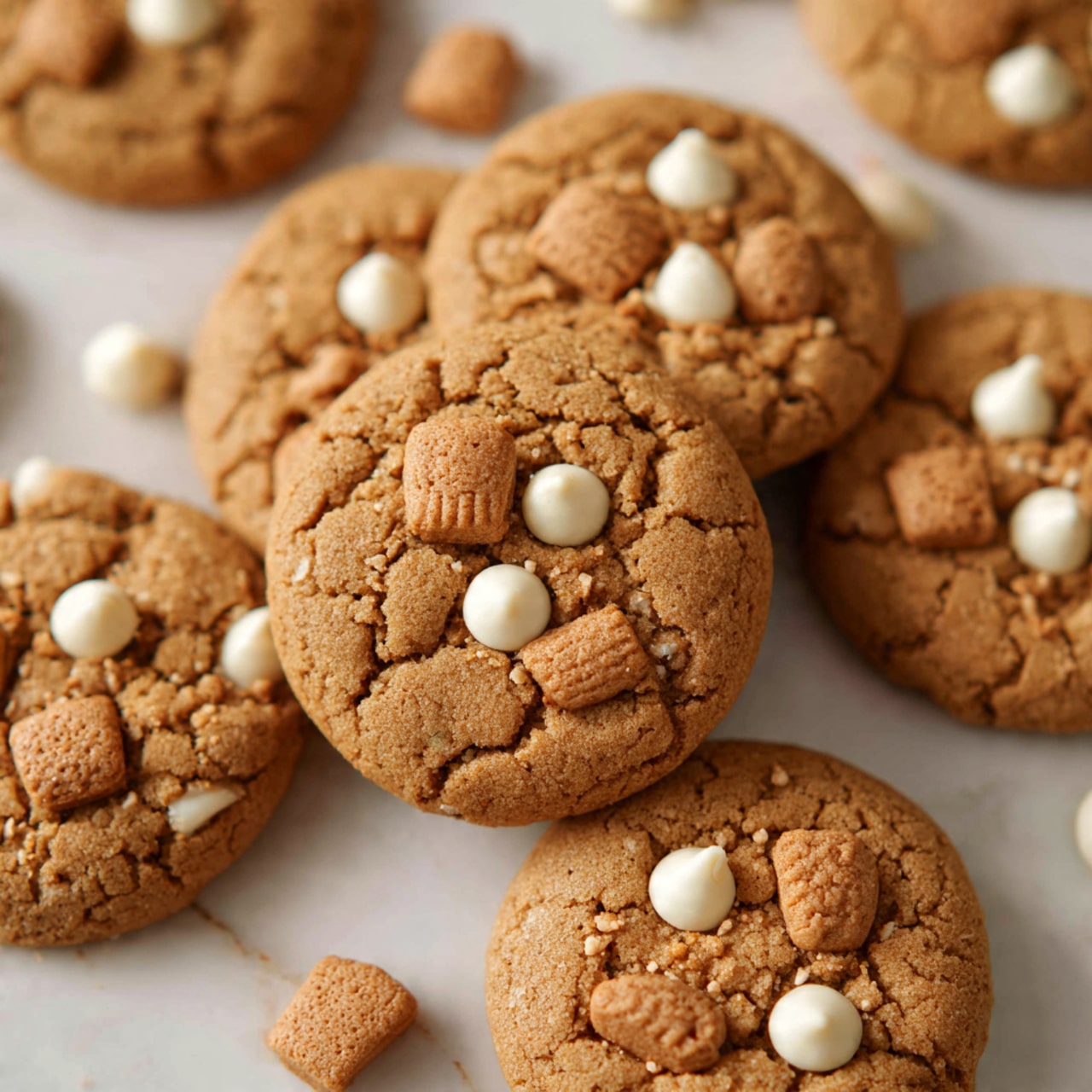 A collection of round cookies placed closely on a white marbled surface, each cookie has a soft brown color with a slightly cracked texture. On top of every cookie, there is a small, light brown biscuit piece pressed into the center. White chocolate chips are scattered throughout the cookies, adding small bright spots and bumps. Some bits of broken biscuit are scattered around the cookies on the surface. The overall look is warm and inviting, with a mix of smooth biscuit and rough cookie textures. photo taken with an iphone --ar 4:5 --v 7
