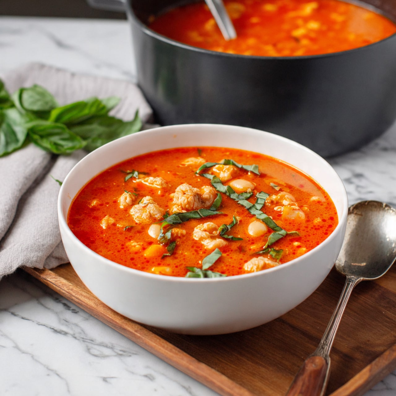 A large white pot filled with a bright red tomato soup with visible pieces of rice, small chunks of white meat, and sprinkled green herbs layered throughout, with a silver ladle lifting some soup showing the mixture clearly; in the background, a white bowl holds more soup on a wooden board near a bright green basil leaf, all placed on a white marbled surface with a light gray cloth nearby. photo taken with an iphone --ar 4:5 --v 7