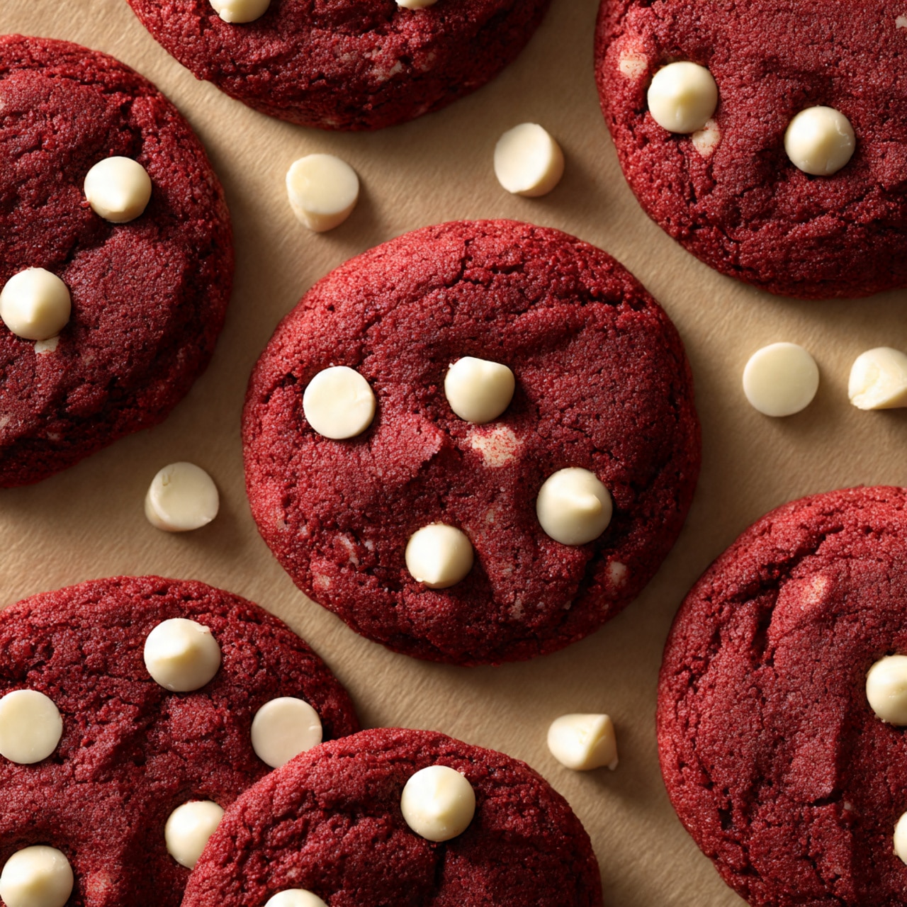 A stack of five red velvet cookies with piped white chips spread evenly on top and within the layers, sitting on a wood surface. The top cookie has a bite taken out revealing a soft, dense, deep red interior contrasted by creamy white chips inside. Around the stack, there are several more flat red cookies also topped with white chips, all showing a slightly textured, moist surface. Loose white chips are scattered on the wood surface between the cookies. photo taken with an iphone --ar 4:5 --v 7