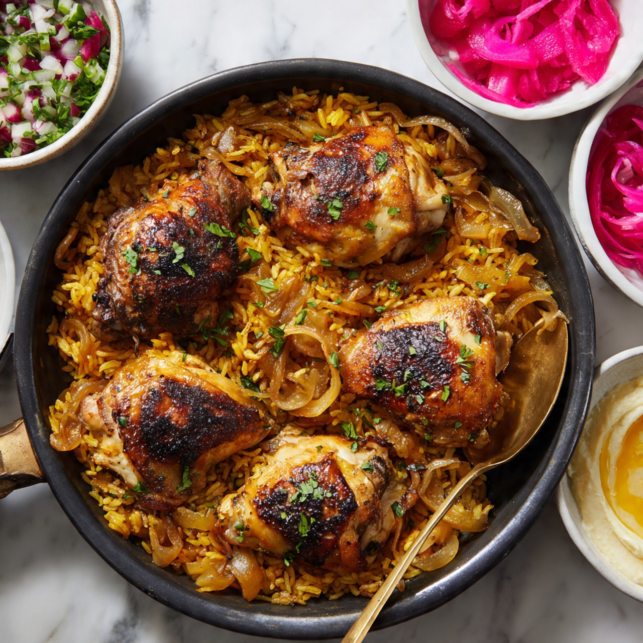 The image shows two white bowls with a layered dish. The bottom layer in the bowls is golden yellow seasoned rice with visible spices. On top of the rice, there is a dark grilled chicken piece with charred marks giving a crisp texture. Bright pink pickled onions are scattered over the chicken, adding a pop of color. On one side of the chicken, there is a dollop of creamy white sauce with herbs sprinkled on it. Next to the chicken and rice, there is a fresh salad made of chopped red tomatoes, cucumbers, and red onions. Around the bowls, small white bowls contain extra pink pickled onions and white creamy sauce with a green herb mix. The surface beneath everything is white marbled texture. A golden fork rests inside one bowl, partially under the rice and chicken. photo taken with an iphone --ar 4:5 --v 7