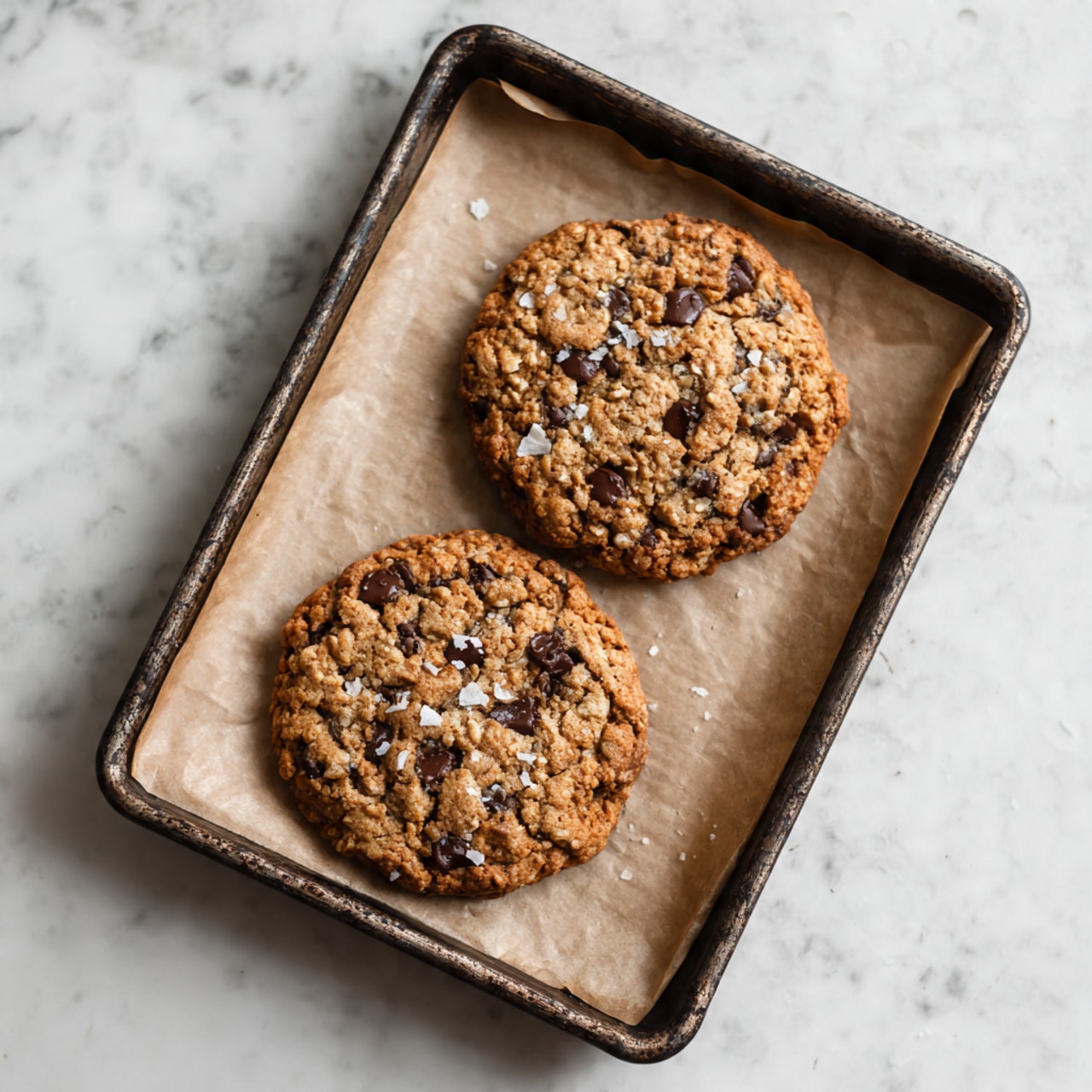 The image shows four large oatmeal cookies with chocolate chips on a baking tray lined with parchment paper. Each cookie is round and chunky with a rough texture, featuring a golden brown color mixed with darker spots from the chocolate chips. The cookies have scattered white flakes on top, adding a touch of contrast. The baking tray is dark metal and rests on a white marbled surface. The cookies are casually placed, filling the frame with one cookie in the front center and others slightly blurred in the background to create depth. photo taken with an iphone --ar 4:5 --v 7