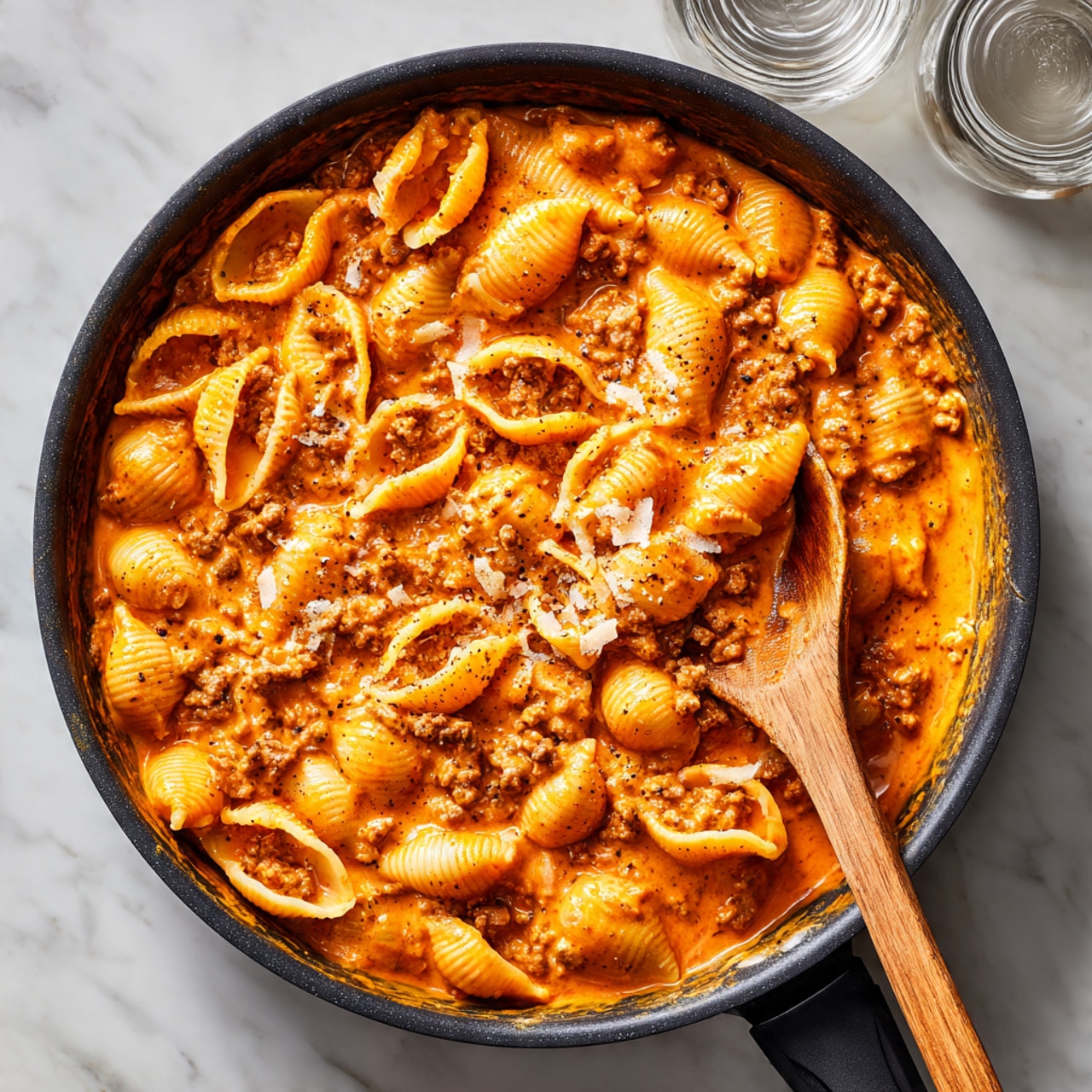A close-up of a silver fork holding a single large yellow pasta shell stuffed with a creamy orange sauce mixed with small chunks of a darker meat and sprinkled with small green herb pieces. The pasta shell is shiny and smooth, covered in the thick sauce. The background shows a blurred pan filled with more pasta shells in the same sauce on a white marbled surface. The overall focus is on the rich texture of the pasta and sauce on the fork, with warm colors and soft lighting. photo taken with an iphone --ar 4:5 --v 7