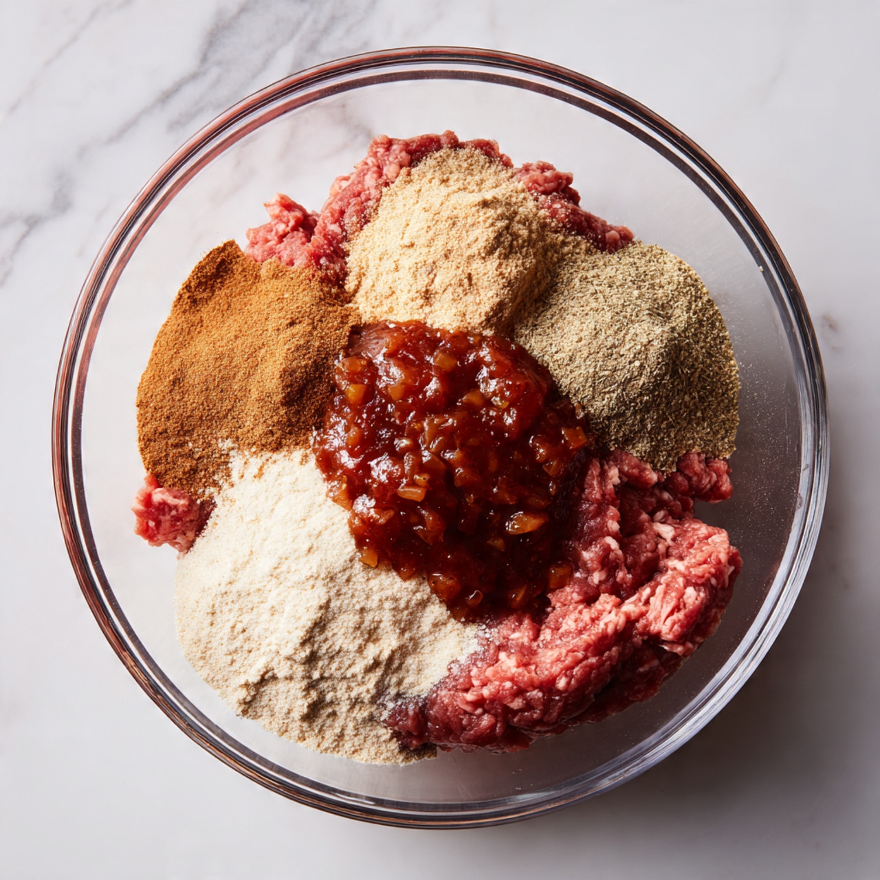 A clear bowl holds a mix of raw red ground meat as the base layer, topped with four separate piles of seasoning powders and sauce. On the top left is a mound of light brown spice powder, near the top center is a layer of darker brown powder, on the bottom right a pale beige powder is spread, and in the center lies a thick dark reddish-brown sauce with small chunks. The textures vary from soft meat, dry powders, to sticky sauce, all sitting close together in the bowl on a white marbled texture background. Photo taken with an iphone --ar 4:5 --v 7