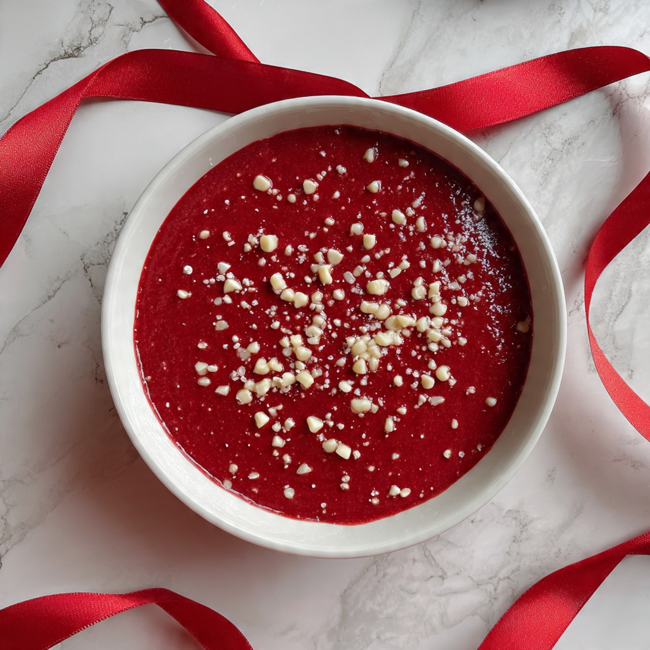 A white bowl with a deep red, smooth batter inside, sprinkled with small white chunks scattered on top. The batter looks thick and creamy with a consistent color around the edges. The bowl sits on a white marbled surface, with red ribbon-like accents nearby. Photo taken with an iphone --ar 4:5 --v 7