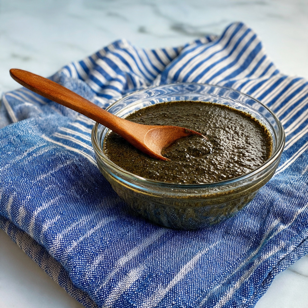 A clear glass bowl sits on a blue and white striped cloth over a white marbled surface, filled with a thick dark green sauce that has a slightly chunky texture. In the bowl, a rich brown wooden spoon with a smooth finish rests inside the sauce, partially covered by it. Photo taken with an iphone --ar 4:5 --v 7