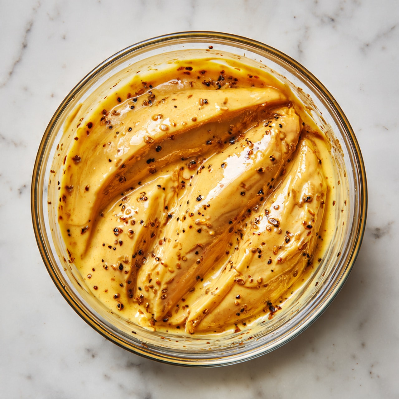 A clear glass bowl filled with four thick pieces of raw chicken submerged in a creamy, mustard-yellow sauce with visible black pepper specks spread evenly across the surface. The bowl sits on a white marbled textured surface, and the sauce covers the chicken almost completely, creating a smooth top layer with some uneven areas around the edges. The bowl shows some sauce traces on the inner sides near the rim, adding a natural look of marinating. photo taken with an iphone --ar 4:5 --v 7