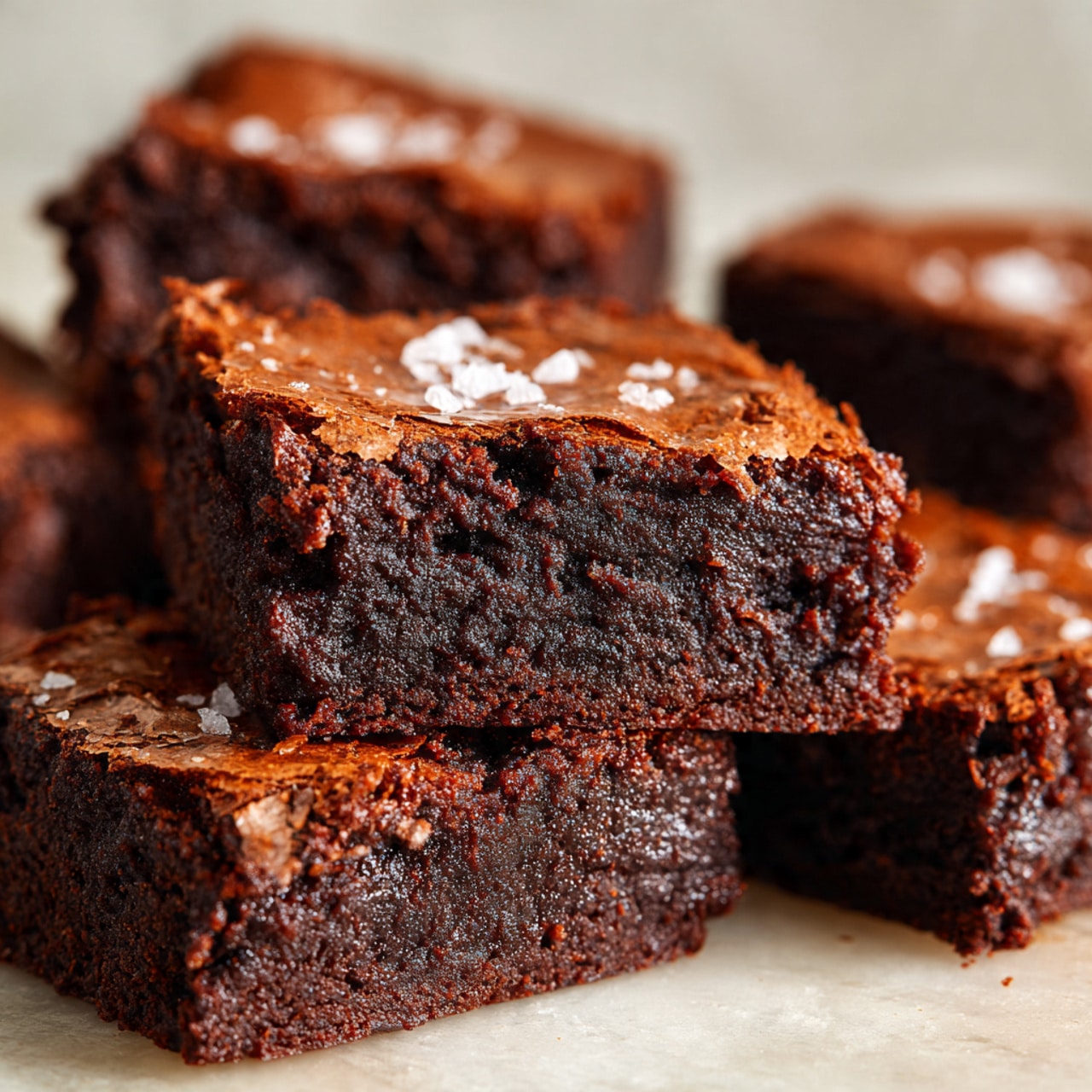 The image shows rich, dark brown brownies placed on a light beige surface. Each brownie is cut into thick, square pieces with a slightly cracked top layer that has a shiny, slightly crispy texture. One piece is stacked, showing two layers – the top cracked layer and the dense, moist interior that looks soft and chewy with a spongy texture. Small flakes of white sea salt are sprinkled lightly on the top surface of the brownies, adding texture and contrast to the dark chocolate color. The background is a white marbled texture. photo taken with an iphone --ar 4:5 --v 7