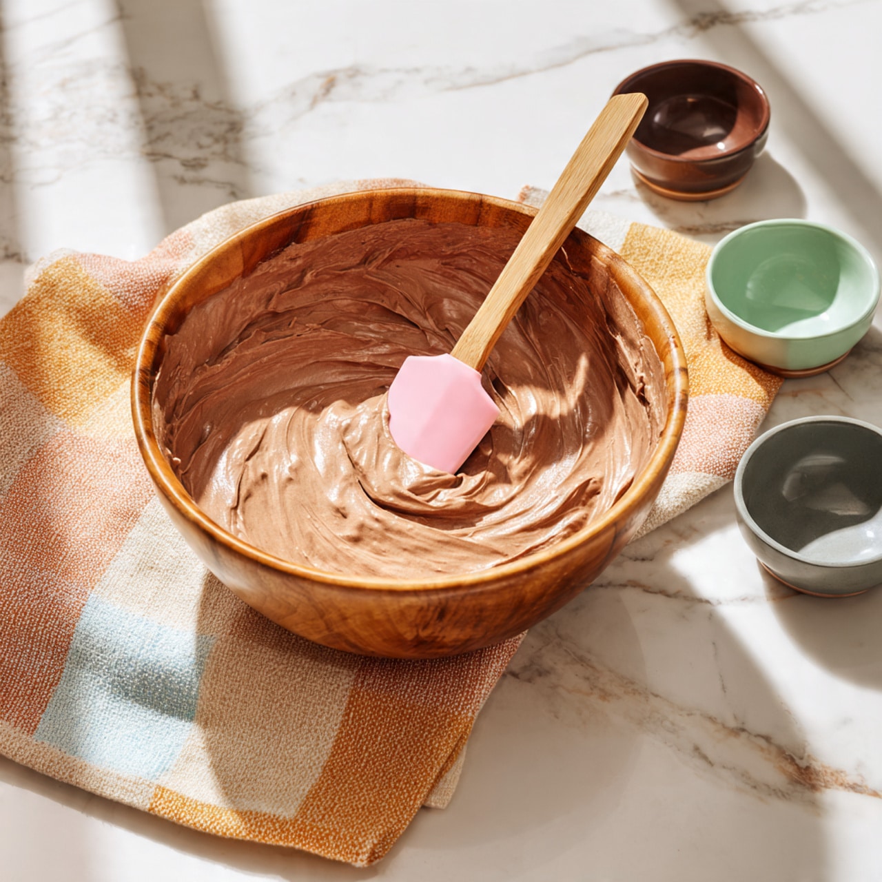 A wooden bowl filled with a smooth, light brown chocolate batter that has a creamy texture. A pink silicone spatula is resting in the bowl, covered partly with the batter. The bowl is set on a white marbled surface next to a beige and orange checkered cloth, with three small nested bowls in green, dark brown, and gray colors visible beside it. The scene is softly lit with natural light coming from the side, giving the batter a slight gloss. Photo taken with an iphone --ar 4:5 --v 7