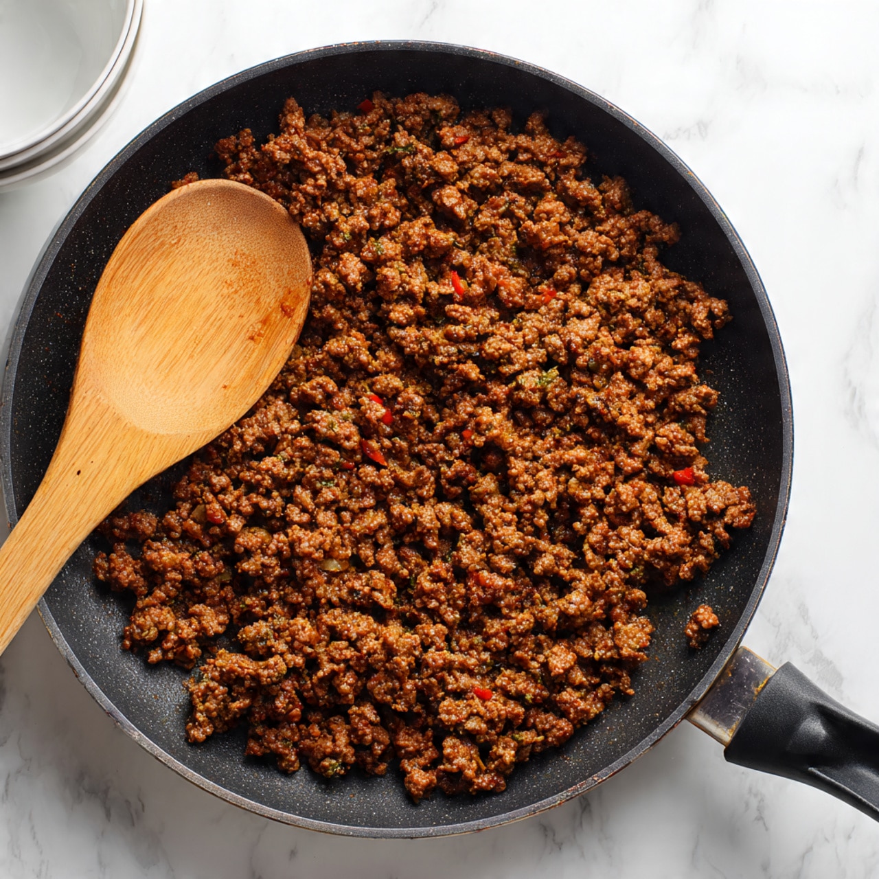 The image shows a black frying pan filled with cooked ground meat, mostly brown in color with some small pinkish spots. The texture of the meat is crumbly and evenly spread across the pan. In the pan, there is a wooden spoon with a rounded end resting on the left side, partially covered by the meat. The pan is set on a white marbled surface, with parts of white bowls and white spoons partially seen at the top edges. The photo taken with an iphone --ar 4:5 --v 7