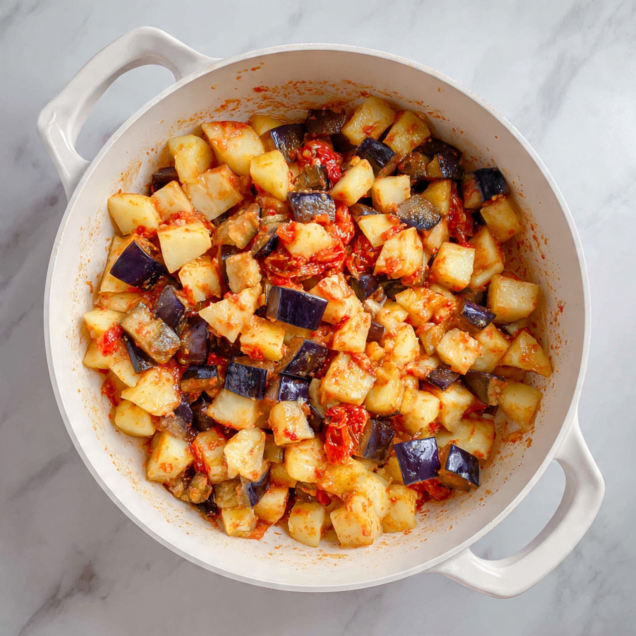 The image shows a white pan filled with small cubes of cooked vegetables mixed together. The main layer consists of light yellowish cubes, likely potatoes or similar, mixed with smaller blocks of dark purple eggplant and pieces of red tomato. The vegetables are coated lightly with a reddish sauce, giving everything a warm, cooked look. The pan has white handles and sits on a white marbled surface. The overall look is colorful with a balance of yellow, red, and purple tones, and the texture of the vegetables appears soft but firm. Photo taken with an iphone --ar 4:5 --v 7