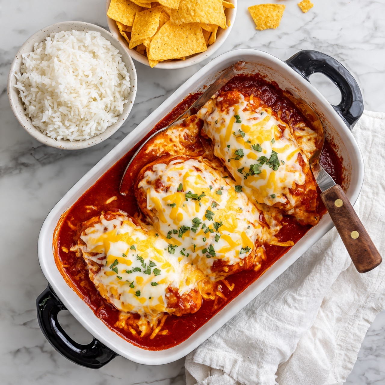 A white plate on a white marbled surface holds a dish of two main parts: on the left side is a mound of white rice mixed with small green herbs, topped with a fresh green cilantro sprig; on the right side is a layer of chunky red tomato sauce covered by melted bright yellow cheese sprinkled with chopped green herbs, with the cheese layer showing some texture of the sauce beneath it. A silver fork rests partially in the tomato and cheese side, angled towards the right. Orange, ribbon-like garnish pieces are scattered in the upper left corner, and a white cloth is partly visible on the upper right. photo taken with an iphone --ar 4:5 --v 7