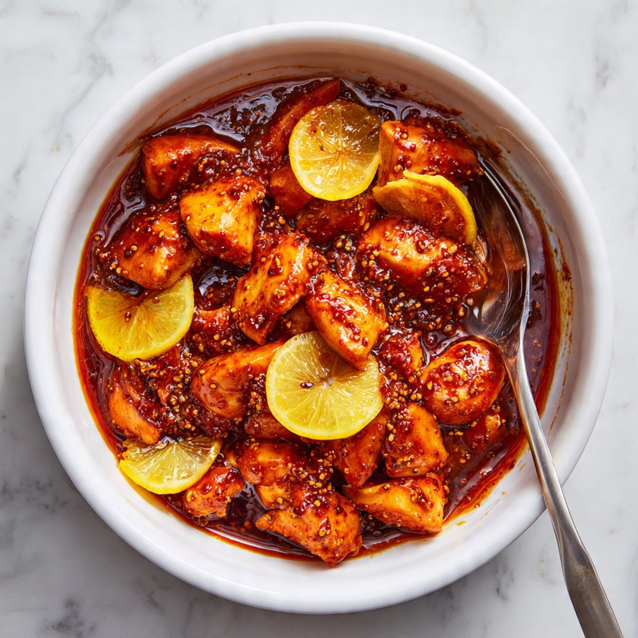 A white bowl filled with chunks of raw chicken pieces coated in thick reddish-brown sauce with visible spices, mixed with several slices of yellow lemon scattered on top and around the chicken. A silver spoon rests inside the bowl, partially covered with sauce, and the bowl is placed on a white marbled surface. photo taken with an iphone --ar 4:5 --v 7