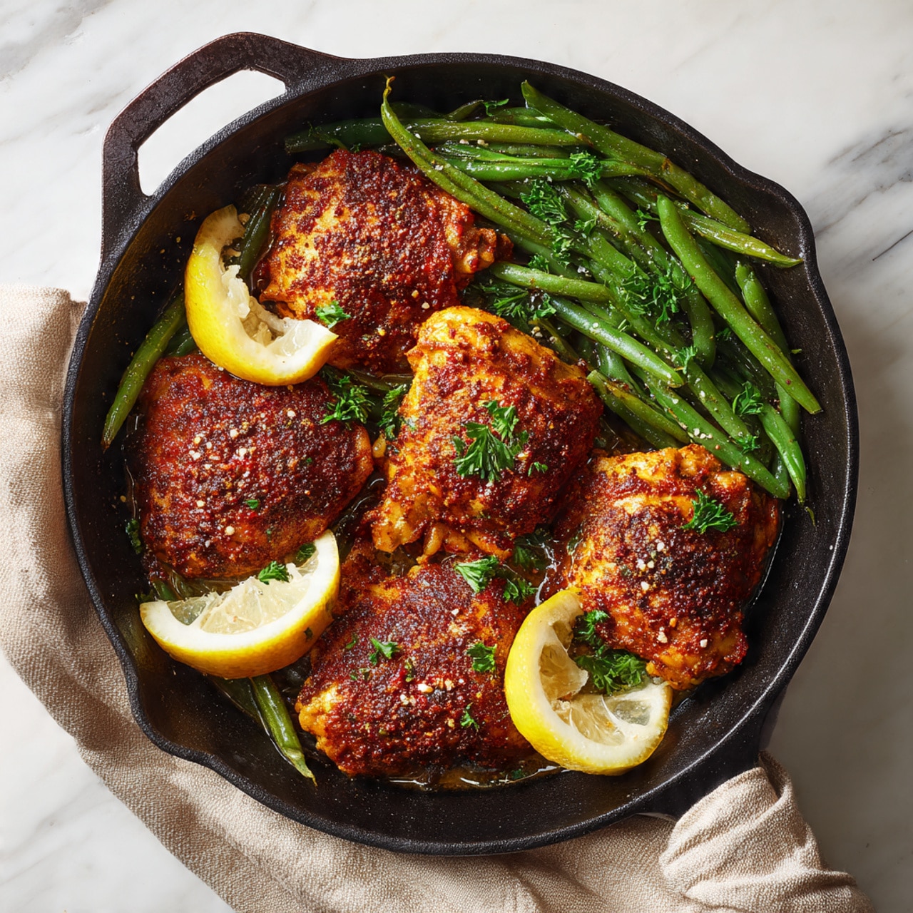 A white plate holds a meal with three parts: a base layer of light brown cooked rice spreads on one side, two pieces of dark brown grilled chicken with a slightly crispy texture sit on top of the rice, sprinkled with small green herb pieces, and a pile of cooked green beans coated with seasoning lies next to the rice and chicken. A bright yellow lemon wedge rests on the green beans, adding a fresh touch. A silver fork is placed on the right side of the plate, partially resting on the rice. The plate sits on a white marbled surface with two lemon wedges and scattered green herbs nearby, and a beige cloth is partially under the plate. photo taken with an iphone --ar 4:5 --v 7