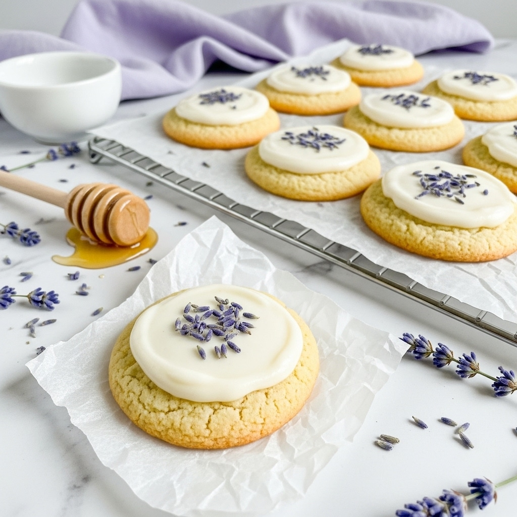The image shows six round cookies arranged on a silver metal cooling rack over a white marbled surface. Each cookie has a thick layer of smooth, creamy white frosting spread in a circular motion on top. Small purple lavender buds are sprinkled lightly over the frosting, adding a touch of color and texture. To the left, there is a wooden honey dipper resting on the white marbled background with a small puddle of honey, and a white bowl filled with dried lavender buds sitting nearby. A draped light purple cloth is partially visible on the top left corner, enhancing the soft, delicate presentation. Photo taken with an iphone --ar 4:5 --v 7