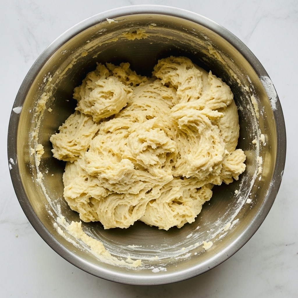 A shiny metal bowl filled with a large amount of thick, pale yellow dough that looks soft and slightly sticky. The dough is unevenly distributed inside the bowl with some parts sticking to the sides. The bowl is placed on a white marbled surface with soft natural light above showing the texture of the dough clearly, which appears smooth with small lumps. photo taken with an iphone --ar 4:5 --v 7