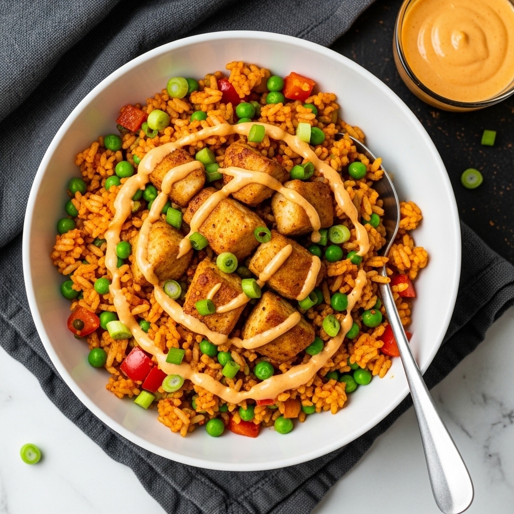 A large white pot filled with yellow rice mixed with small pieces of chicken, red bell pepper bits, and green onion slices scattered on top. A wooden spoon lifts a portion of the dish, showing the rice's fluffy texture and the chunks of chicken. On top of the rice, there is a light drizzle of creamy pink sauce that adds contrast to the yellow and green colors, all set on a white marbled surface with a soft cloth nearby. photo taken with an iphone --ar 4:5 --v 7