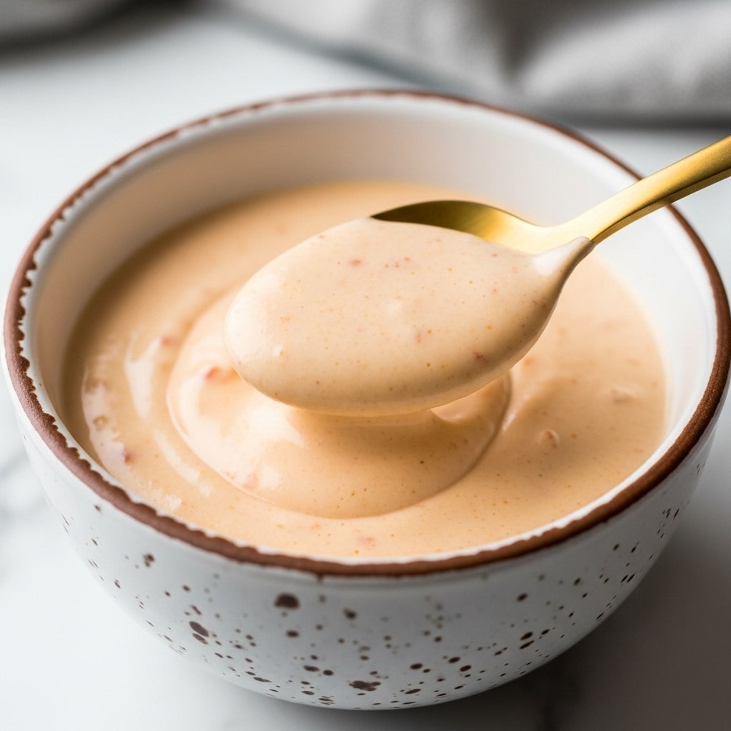 A close-up of a small white bowl with a rustic brown rim filled with a creamy light orange sauce that has tiny red specks throughout. A gold spoon is scooping some of the smooth sauce, showing its thick and glossy texture. The bowl is placed on a white marbled surface with a slightly blurred neutral cloth in the background. The lighting highlights the shine and softness of the sauce. photo taken with an iphone --ar 4:5 --v 7