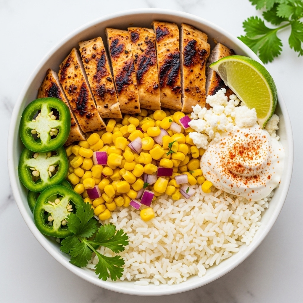 A white bowl filled with six main layers: at the bottom is a layer of light, fluffy white rice, topped with grilled, browned chicken pieces arranged centrally, surrounded by bright yellow corn kernels mixed with small red onion pieces. On one side, dollops of white sour cream sprinkled with a reddish spice are visible. There are crumbled white cheese bits sprinkled around the bowl, with fresh green cilantro leaves and sliced green jalapeños placed on the rice and chicken. Three lime wedges sit at the top left edge of the bowl. The bowl is placed on a white marbled surface with a light cloth partially visible on the left, and a smaller white bowl with lime wedges in the top right corner. Photo taken with an iphone --ar 4:5 --v 7