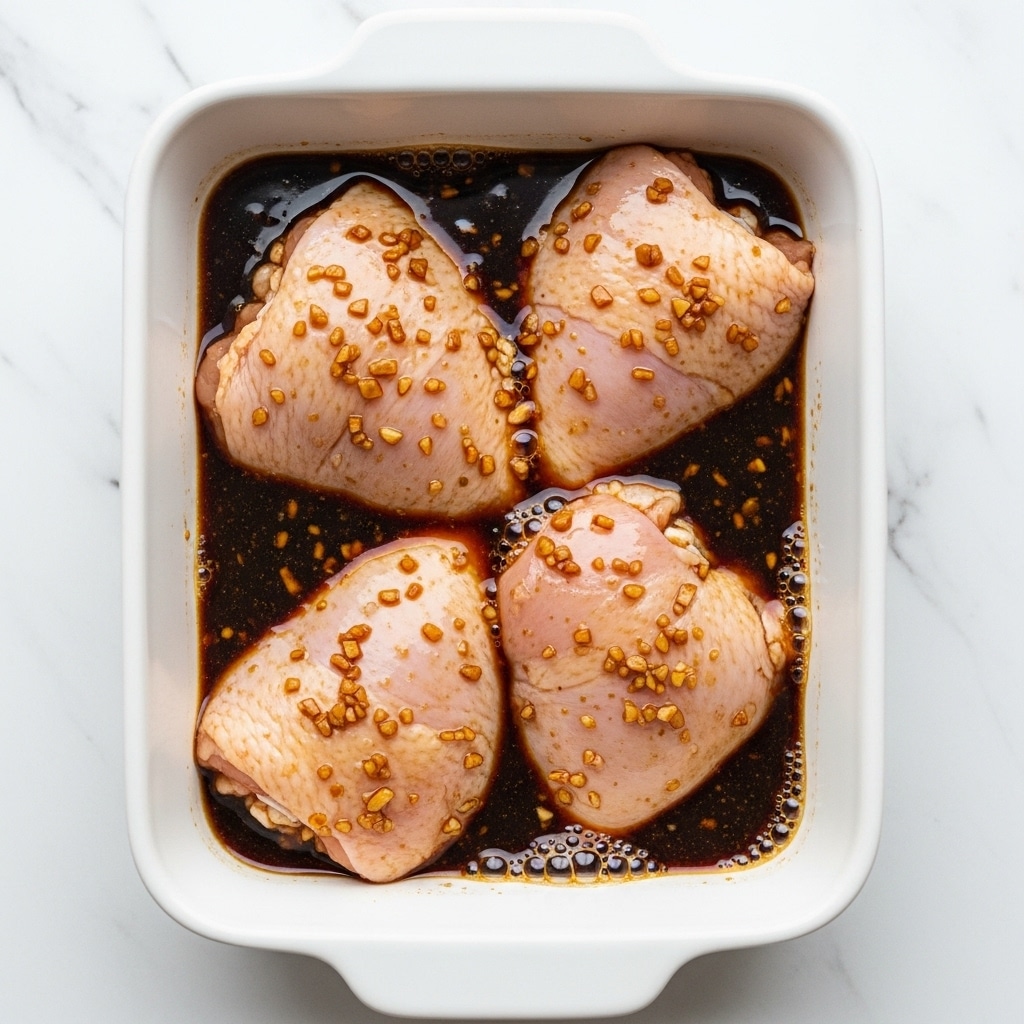 The image shows four raw chicken pieces soaking in a dark brown marinade inside a white rectangular baking dish. The chicken pieces are pale pink with some shine from the marinade, which has small bits of garlic or ginger scattered across the surface. The marinade fills the bottom of the dish, creating a glossy, liquid layer with a few bubbles. The white baking dish is placed on a white marbled background, adding a clean and bright contrast to the rich dark sauce and light chicken. photo taken with an iphone --ar 4:5 --v 7