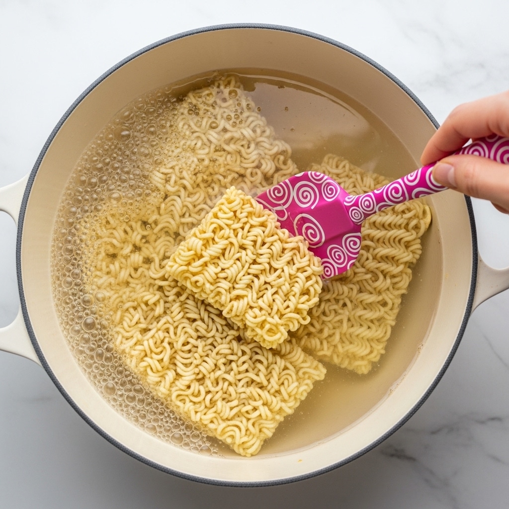 A large white pot filled with boiling water and uncooked instant ramen noodles that are starting to soften and separate but still mostly clumped together in the pot's center. A pink spatula with white swirl designs is stirring the noodles on the right side of the pot, held by a woman's hand. The pot sits on a white marbled surface. photo taken with an iphone --ar 4:5 --v 7