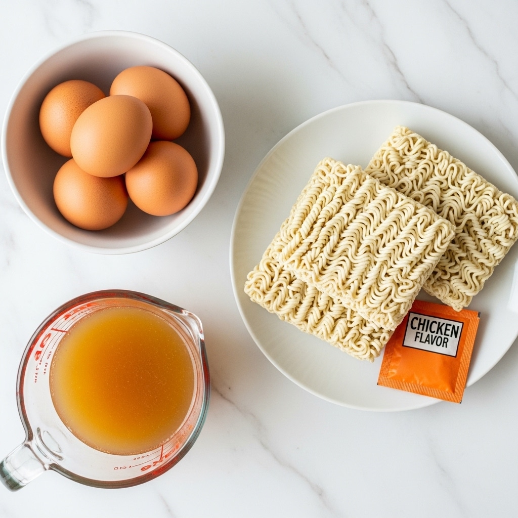 The image shows three main elements arranged on a white marbled surface: in the top left, a white bowl holds four brown eggs with smooth shells; at the bottom left, a clear glass measuring cup contains light brown broth; and on the right, a white plate holds two blocks of light beige ramen noodles with their wavy texture clearly visible, along with a small orange seasoning packet labeled