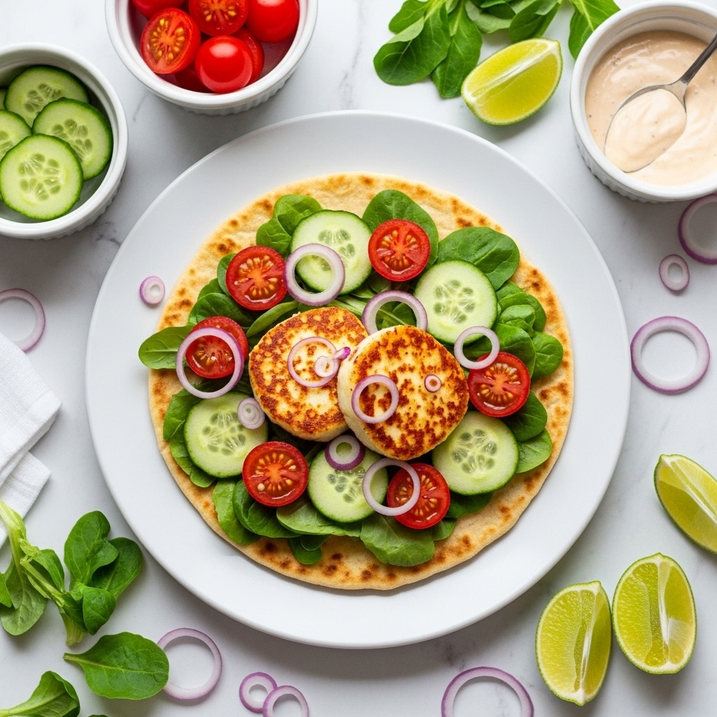 A white plate holds a flatbread base topped with a layer of green lettuce, followed by thinly sliced cucumber and halved cherry tomatoes. On top are two small golden-brown grilled cheese pieces with a slightly crispy texture, accented with thin rings of red onion scattered around. The scene is set on a white marbled surface, surrounded by small white bowls containing cucumber slices, cherry tomatoes, creamy sauce with a spoon, and leafy greens, along with lime wedges nearby. photo taken with an iphone --ar 4:5 --v 7