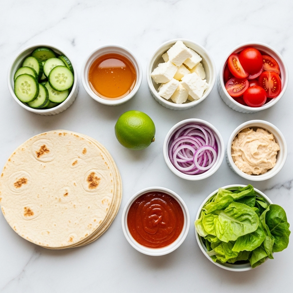The image shows an arrangement of various food ingredients on a white marbled surface. A stack of soft, light beige tortillas is placed on the left. Around it, there are seven small white bowls containing different items: bright green cucumber slices, creamy white cheese wedges, juicy red tomato halves, fresh green lettuce leaves, thinly sliced purple onion rings, a reddish sauce, and a creamy beige spread. In the middle, slightly to the left, is a small bowl with a golden honey-like liquid, and to the right of it sits a whole green lime. The layout is neat and colorful, with each ingredient clearly visible and separated. photo taken with an iphone --ar 4:5 --v 7