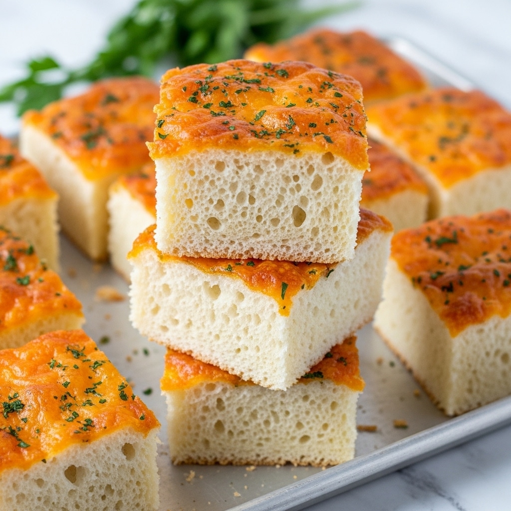 The image shows three thick square slices of a soft, airy white bread stacked on top of each other, with a golden brown crust on top. The top crust is textured with melted orange cheese and green herbs scattered all over, giving it a crispy look. The bread inside looks light and fluffy with many small holes, showing it is fresh and soft. The stacked squares sit on a silver baking tray with other similar pieces arranged around it. In the background, some green herbs are slightly visible, all placed on a white marbled surface. Photo taken with an iphone --ar 4:5 --v 7