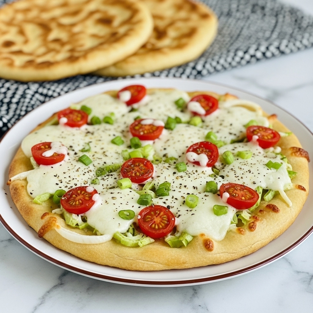 A round flatbread pizza rests on a white plate with a thin brown rim, placed on a white marbled surface. The pizza has one layer of soft, golden-baked dough topped with evenly spread melted white cheese that looks stretchy and bubbly. Scattered across the cheese are bright red cherry tomato slices and small pieces of light green chopped vegetables, possibly spring onions, adding colors and texture. There are some dark specks sprinkled over the top, likely herbs or spices. Behind the plate, there are two thick, golden-brown flatbreads stacked on a black and white patterned cloth. The lighting is natural and bright, casting soft shadows. photo taken with an iphone --ar 4:5 --v 7