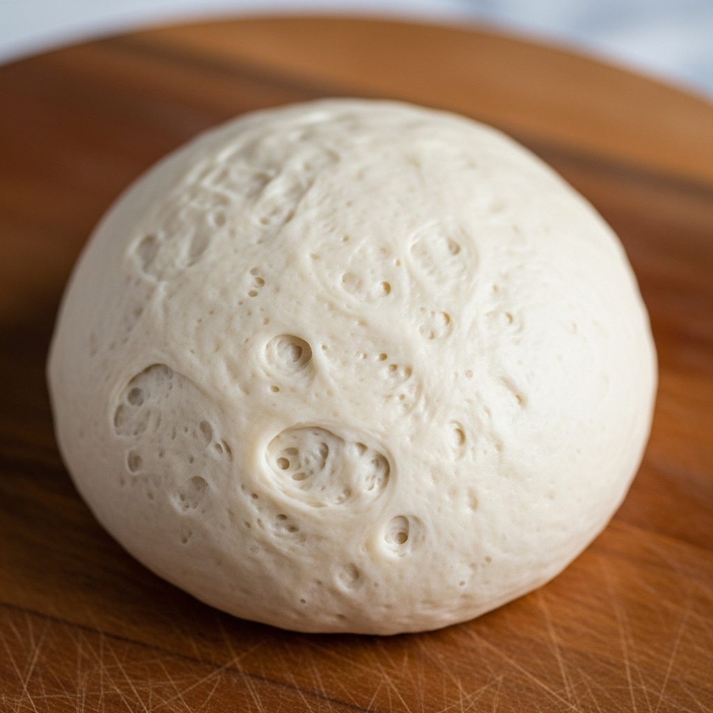 The image shows a single round ball of dough placed on a wooden surface. The dough has a smooth and slightly uneven texture with small air bubbles visible on its surface, giving it a soft and fresh appearance. The dough is off-white in color and looks moist and elastic, suggesting it is freshly made and ready for use. The background is a warm wooden board, but in the description, please imagine it on a white marbled texture. Photo taken with an iphone --ar 4:5 --v 7
