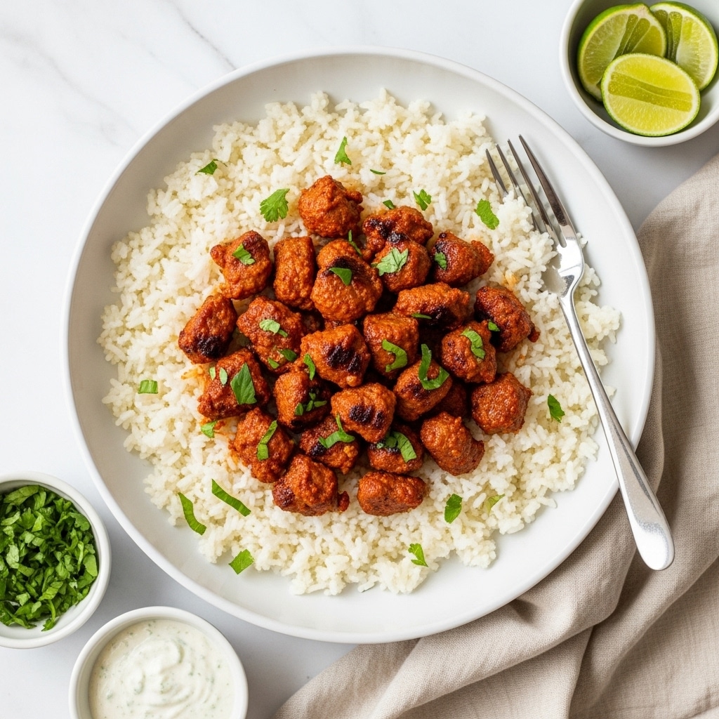 The image shows a white round plate with a thick rim and a shiny silver fork resting on the right edge. Inside the plate, there is a layer of fluffy white rice that fills the plate. On top of the rice, there is a layer of small, reddish-brown grilled meat pieces, garnished with chopped green herbs scattered evenly. The dish is placed on a white marbled surface with a light beige cloth napkin nearby. To the upper right of the plate, there is a small white bowl holding lime wedges, and at the bottom left, two small white bowls contain chopped herbs and a white sauce. Photo taken with an iphone --ar 4:5 --v 7