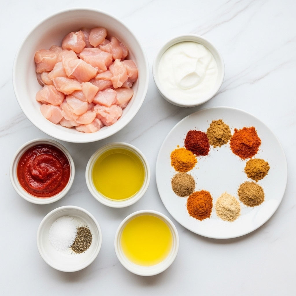 The image shows seven white bowls with different ingredients arranged on a white marbled surface. The largest bowl at the top left is filled with pale pink raw chicken pieces. To the right, a smaller bowl holds white yogurt with a smooth texture. Below the chicken, there are two small bowls; the left contains thick red tomato paste, and the right has yellow olive oil with a shiny surface. At the bottom left, a bowl contains half white salt and half black pepper. Below the oil, a small bowl with light yellow liquid, possibly lemon juice or ghee. On the right side, a white plate holds nine small piles of powdered spices in varied colors: dark red, brown, orange, light brown, and beige, each distinct and separate. The composition is clean and orderly with no clutter, all on a bright white marbled background. photo taken with an iphone --ar 4:5 --v 7