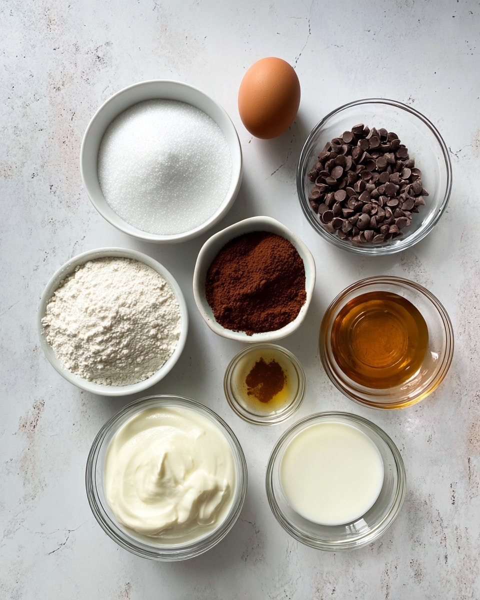 A top-down view of eight ingredients arranged on a white marbled surface: a white bowl filled with white granulated sugar at the top center, a brown egg to its right, a small glass bowl with chocolate chips below the egg, a white bowl with dark brown cocoa powder below the chocolate chips, a small glass bowl with light amber liquid below the cocoa powder, a small glass bowl with white milk to the left of the amber liquid, a glass bowl filled with thick white yogurt above the milk, and a white bowl filled with white flour to the left of the yogurt. photo taken with an iphone --ar 4:5 --v 7